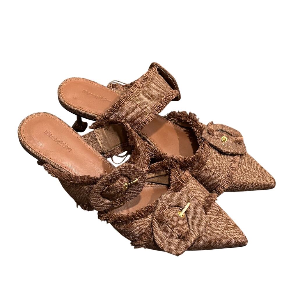 Mara & Mine Brown Canvas Raw-Edge Trim Mules - size 10